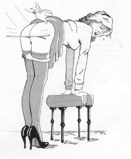 drawing by kavanagh of girl bending over with hands on ottoman for the cane