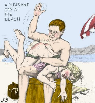 man spanks woman at beach