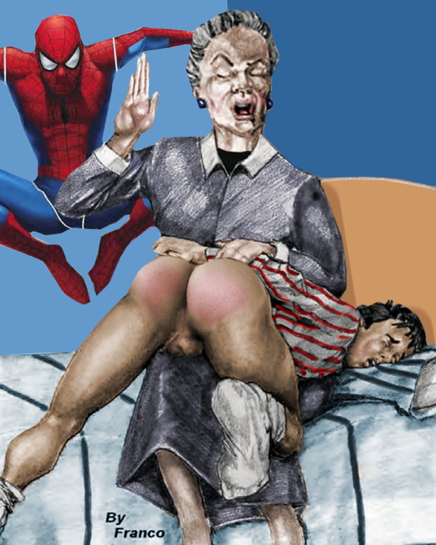 spanked on bed with spider-man in background