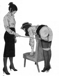 girl bends over chair back for the cane