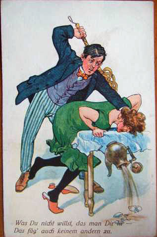german postcard with carpet beater spanking