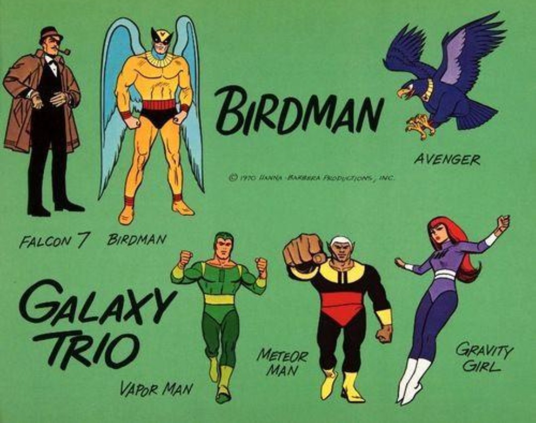 birdman and the galaxy trio meteor man gravity girl vapor man character designs