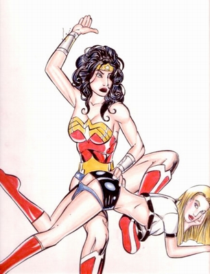 Wonder Woman spanks an unknown girl in a mini-skirt