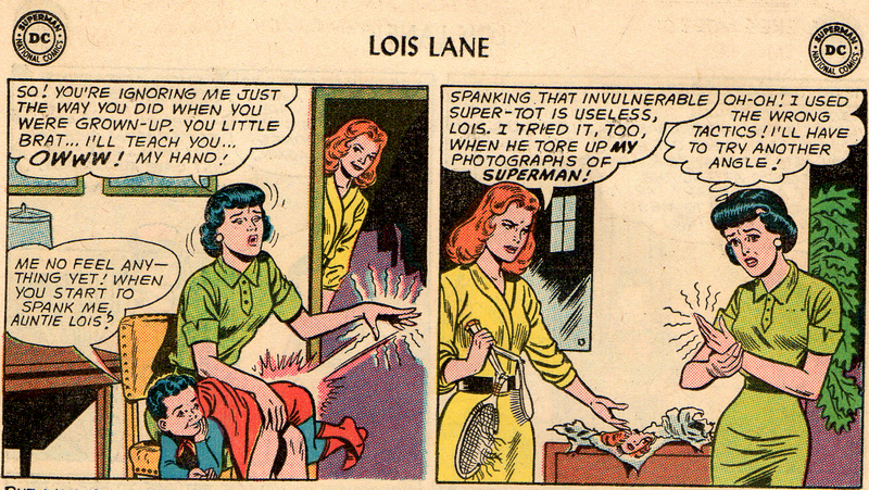 Lois Lane tries to spank Superbaby and hurts her hand