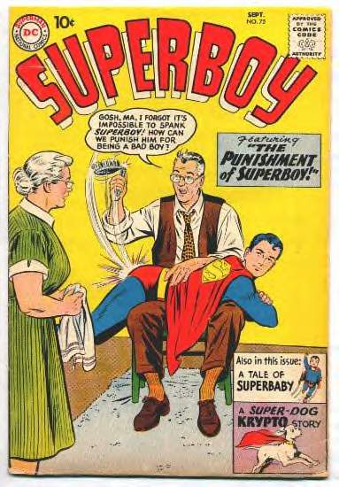 Jonathan Kent tries to spank Superboy, from the cover of Superboy #75