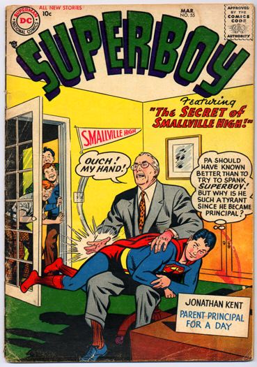 Jonathan Kent tries to spank Superboy, from the cover of Superboy #55