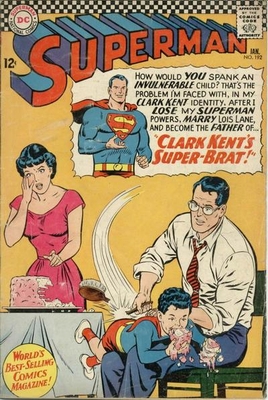 Clark Kent tries to spank super-son, from the cover of Superman #192