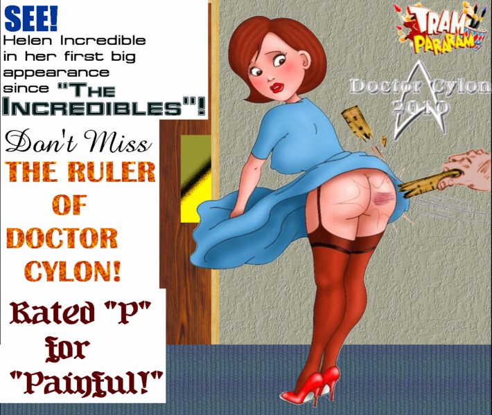 helen parr by tram pararam in a blue dress with her bare bottom about to be spanked by doctor cylon