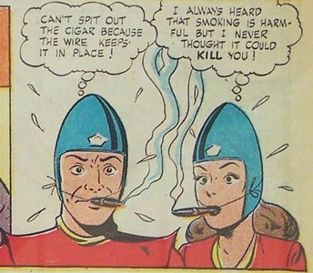 Bulletman and Bulletgirl enjoy a good cigar.