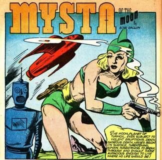 From Planet Comics #45, Mysta nearly moons a robot.