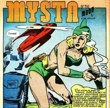 The sight of Mysta mooning on the moon is too much for the poor robot, whose head explodes.
