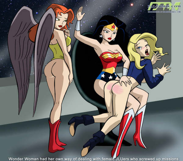Wonder Woman spanks Black Canary, while Hawgirl waits her turn.
