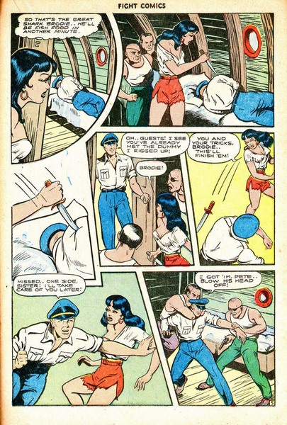 Fight Comics #36 (Fiction House).  This may be the only time a bad girl threw her knife and didn't get spanked.