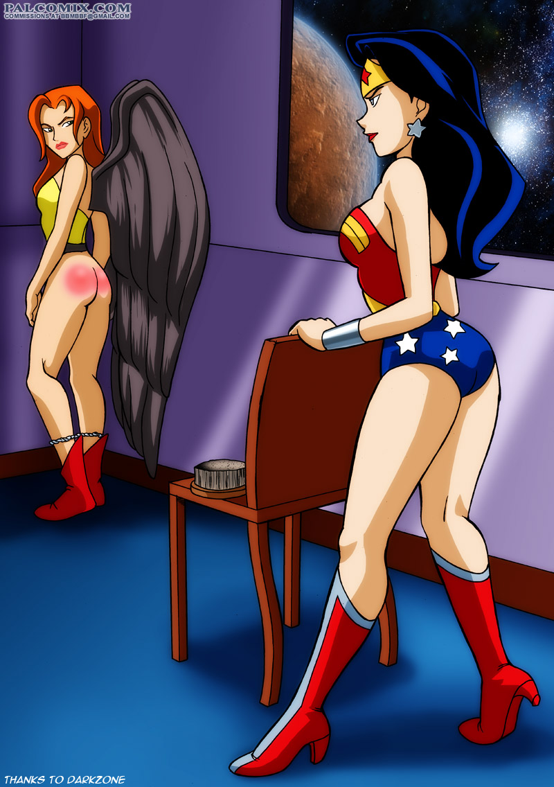 Hawkgirl does some post-spanking corner time.