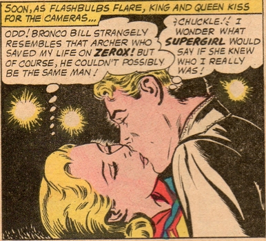 Supergirl kisses &quot;Bronco&quot; Bill Starr.  Art by Jim Mooney.
