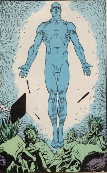 Dr. Manhattan bursts on the scene, sans pants, in Watchmen #4 (Dec. 1986)