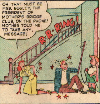 Cindy rubs her sore bottom but isn't spanked in Cindy #35 (June 1949).