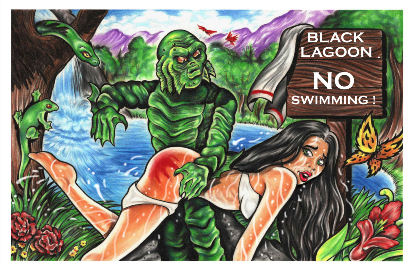 creature from the black lagoon spanks girl for ignoring no swimming sign