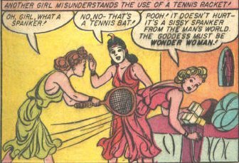 one amazon tries to spank another with tennis raquet